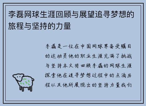 李磊网球生涯回顾与展望追寻梦想的旅程与坚持的力量