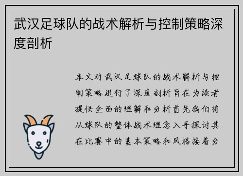 武汉足球队的战术解析与控制策略深度剖析
