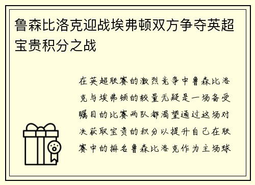 鲁森比洛克迎战埃弗顿双方争夺英超宝贵积分之战