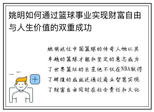 姚明如何通过篮球事业实现财富自由与人生价值的双重成功